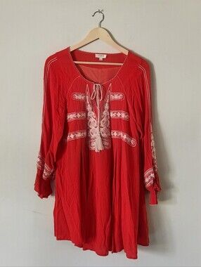 Umgee Red Embroidered Boho Dress Sz L